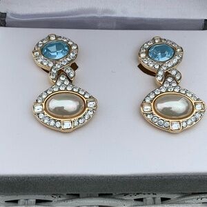 NOLAN MILLER Sparkling Blue Topaz & Clear Crystal Faux Pearl Statement Earrings